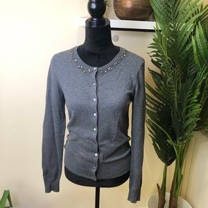 Ann Taylor Wool Rhinestone Embellished Button Front Long Sleeve Cardigan Small